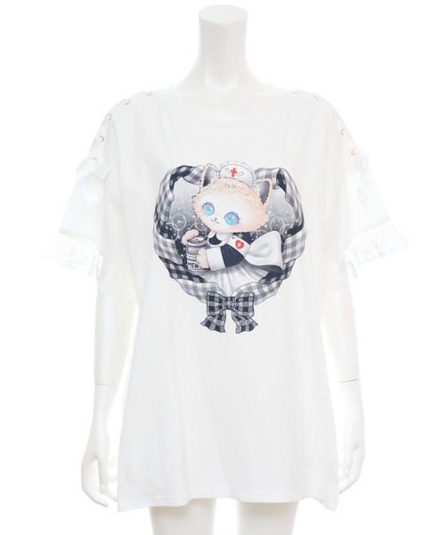 シークレットハニー Secret Honey 肩レースアップオリジナルプリントTシャツ （ホワイト） 肩レースアップオリジナルプリントTシャツ（Tシャツ/カットソー
