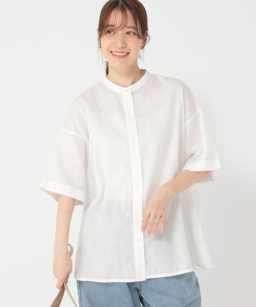 チノ ブラウス シャツ 五分袖 麻 リネン 38 M ベージュ バンドカラー チノ CINOH ブラウス シャツ 五分袖 麻 リネン 38 M ベージュ バンド