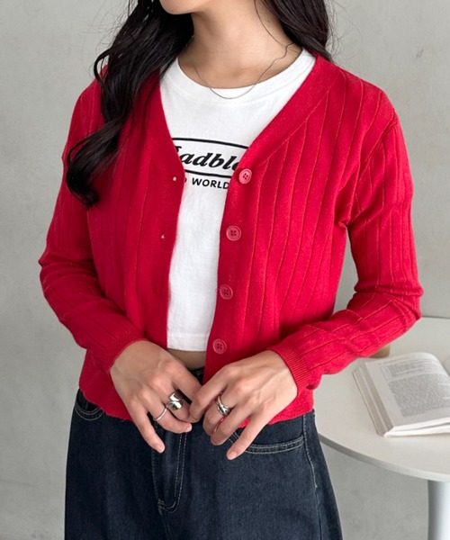 CLEA(クレア)の「Vネックリブニットカーディガン(Tシャツ/カットソー・レディース・ベージュ/グレー/レッド/ホワイト/ブラック/アイボリー・FREE)」の11枚目の写真