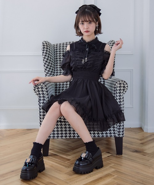ドレス レイヤード風 ワンピース　ブラック レイヤード風オフショルワンピース（ワンピース）｜couture BY