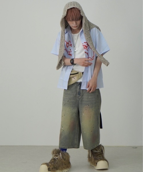 Never mind the XU / Chikashitsu+（ネバーマインド ザ エックスユー / チカシツプラス）の「【Nerd out XU】rabbit stripe short sleeve shirt / 【ナードアウトエックスユー】ラビットプリントストライプボーダー半袖シャツ（シャツ/ブラウス・メンズ・ブルー・L）」の6枚目の写真