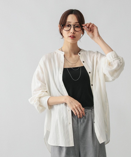 GLOBAL WORK（グローバルワーク）の「シアーストライプシャツ長袖/575131（シャツ/ブラウス・レディース・ダークブラウン/ワインレッド/オフホワイト・FREE）」の6枚目の写真