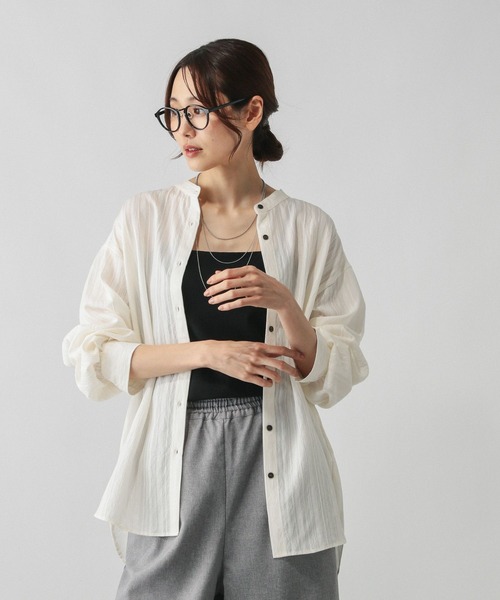 GLOBAL WORK（グローバルワーク）の「シアーストライプシャツ長袖/575131（シャツ/ブラウス・レディース・ダークブラウン/ワインレッド/オフホワイト・FREE）」の7枚目の写真