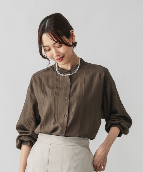 GLOBAL WORK（グローバルワーク）の「シアーストライプシャツ長袖/575131（シャツ/ブラウス・レディース・ダークブラウン/ワインレッド/オフホワイト・FREE）」の11枚目の写真