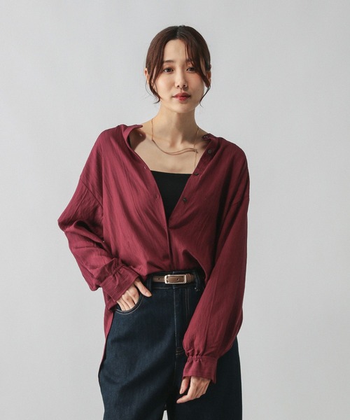 GLOBAL WORK（グローバルワーク）の「シアーストライプシャツ長袖/575131（シャツ/ブラウス・レディース・ダークブラウン/ワインレッド/オフホワイト・FREE）」の14枚目の写真