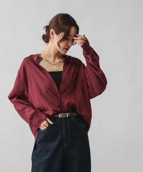 GLOBAL WORK（グローバルワーク）の「シアーストライプシャツ長袖/575131（シャツ/ブラウス・レディース・ダークブラウン/ワインレッド/オフホワイト・FREE）」の15枚目の写真