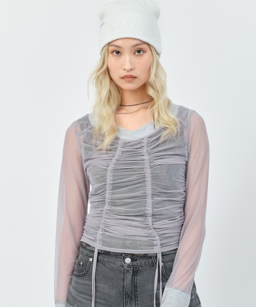 atmos pink（アトモスピンク）の「atmos pink See-through Layered LS T-shirt / アトモス ピンク シースルー レイヤード エルエス ティーシャツ（Tシャツ/カットソー・レディース・グレー/ブラック/ウッドランド・FREE）」の12枚目の写真