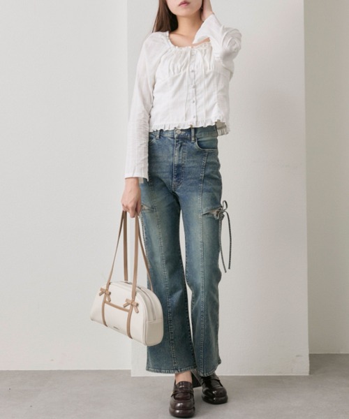 OLIVE des OLIVE サイドスリットストレッチ デニムパンツ S S/M/Lサイズ展開/美脚効果】サイドスリットストレッチデニム