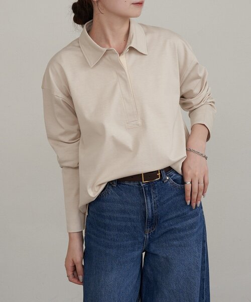 russet(ラシット)の「【再値下げ】スキッパーラガーシャツ(Tシャツ/カットソー・レディース・ダークグレー/ベージュ・FREE)」の2枚目の写真