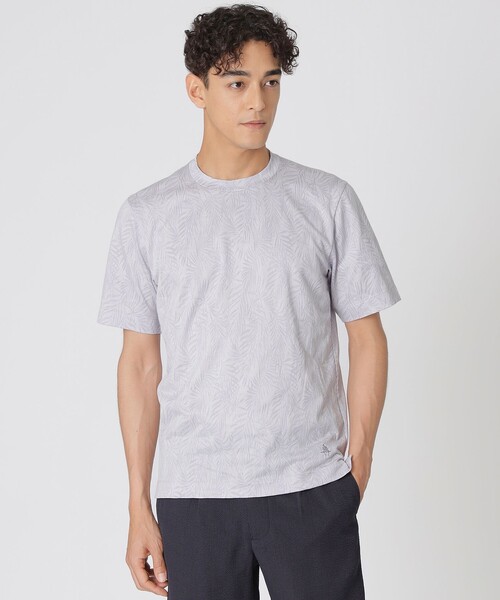Paul Stuart(ポールスチュアート)の「リーフ柄ジャカードTシャツ(半袖)(Tシャツ/カットソー・メンズ・ホワイト系その他/ネイビー・M/L/XL)」の1枚目の写真