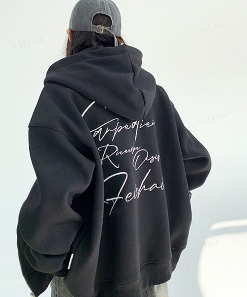 MIMTHEWARDROBE 韓国 パーカー 韓国ファッション フェイクレザーラベル付き筆記体ロゴジップアップ