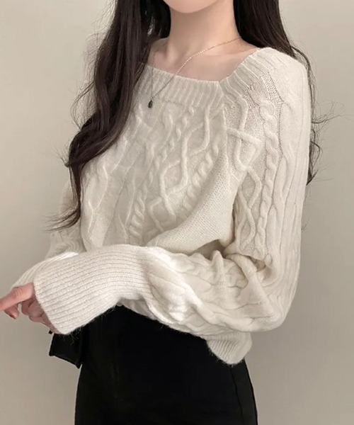 Girly Doll(ガーリードール)の「スクエアネックケーブル編みニットプルオーバー(ニット/セーター・レディース・ベージュ/ピンク/グリーン/ホワイト/ブラック・FREE)」の9枚目の写真