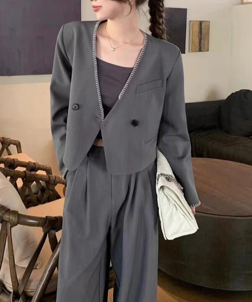 セール】パーカー付きダブルブレストジャケット & パンツセット