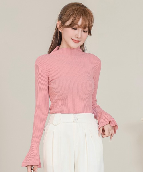 セール】オフネック パワーショルダー フレア袖 リブ ニット トップス