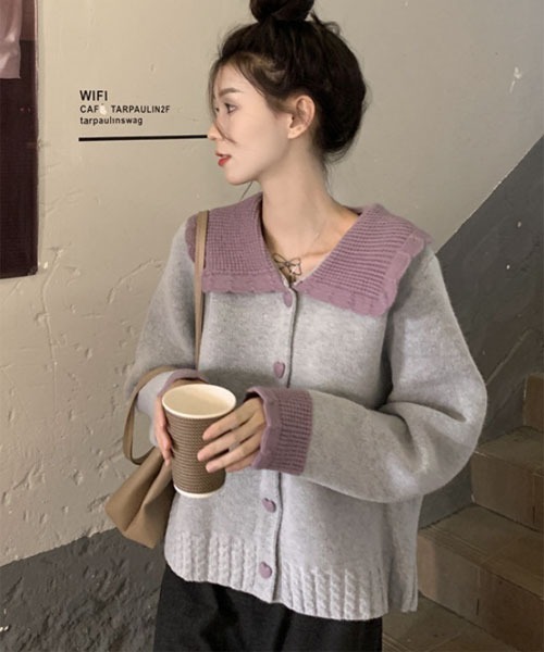 VIBGYOR Women（ヴィブジョー　ウィメン）の「【Mayree】バイカラー ハートボタン 襟付きニット カーディガン（カーディガン/ボレロ・レディース・グレー/オフホワイト・X-LARGE/LARGE）」の2枚目の写真