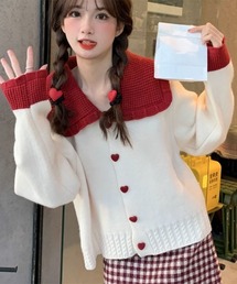 VIBGYOR Women | 【Mayree】バイカラー ハートボタン 襟付きニット カーディガン(カーディガン/ボレロ)
