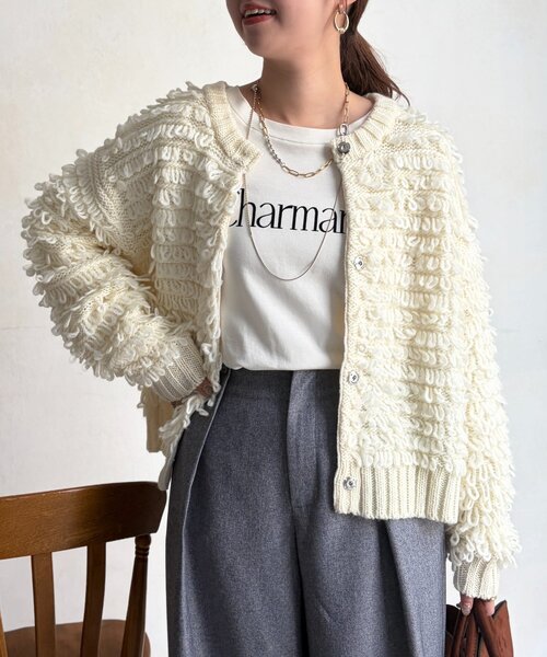 Chez toi（シェトワ）の「ループヤーンカーデ（カーディガン/ボレロ・レディース・チャコールグレー/ホワイト・FREE）」の4枚目の写真