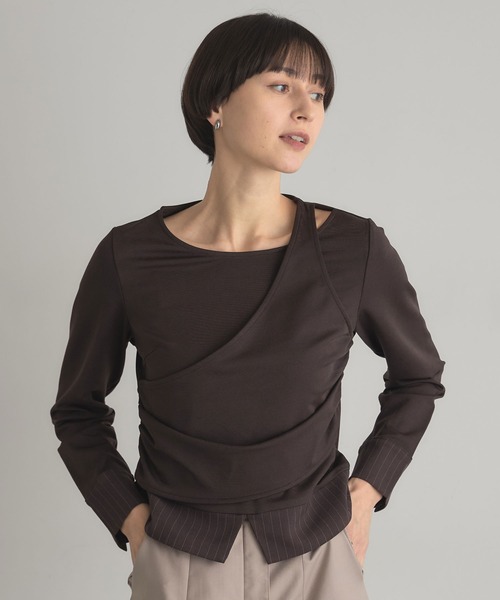 ARVELLIA(アルベリア)の「ASYM STRIPE DREAPE TOP(Tシャツ/カットソー・レディース・ブラウン/グレー・M)」の2枚目の写真