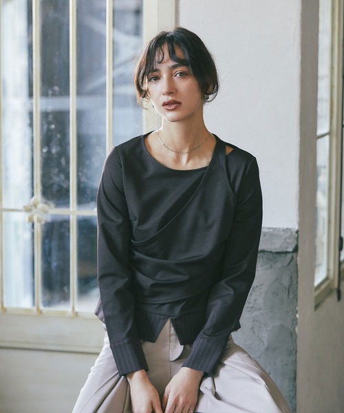 ARVELLIA(アルベリア)の「ASYM STRIPE DREAPE TOP(Tシャツ/カットソー・レディース・ブラウン/グレー・M)」の1枚目の写真