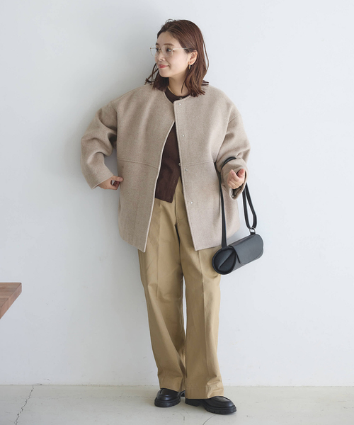 JOURNAL STANDARD（ジャーナルスタンダード）の「《追加4》スーパー140ビーバーノーカラーショートコート（ノーカラーコート・レディース・ブラック/ベージュ系その他/グレー・36/38）」の6枚目の写真