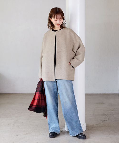 JOURNAL STANDARD（ジャーナルスタンダード）の「《追加4》スーパー140ビーバーノーカラーショートコート（ノーカラーコート・レディース・ブラック/ベージュ系その他/グレー・36/38）」の11枚目の写真