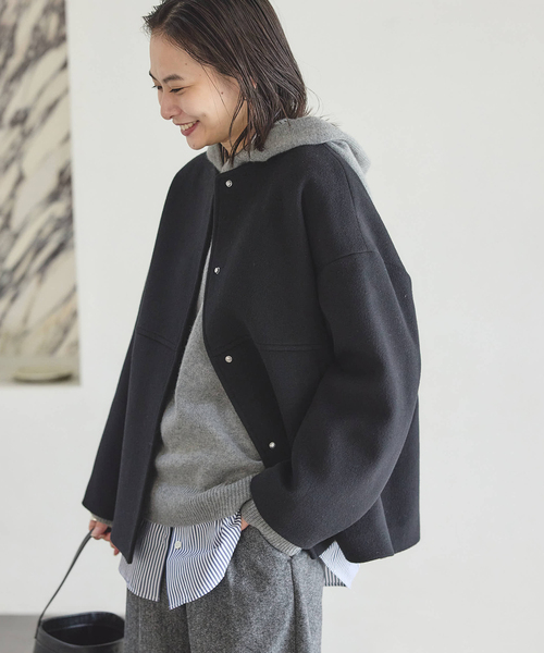 JOURNAL STANDARD（ジャーナルスタンダード）の「《追加4》スーパー140ビーバーノーカラーショートコート（ノーカラーコート・レディース・ブラック/ベージュ系その他/グレー・36/38）」の14枚目の写真