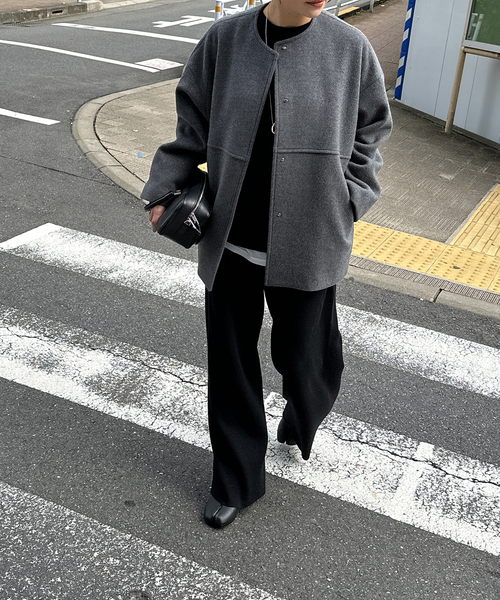 JOURNAL STANDARD（ジャーナルスタンダード）の「《追加4》スーパー140ビーバーノーカラーショートコート（ノーカラーコート・レディース・ブラック/ベージュ系その他/グレー・36/38）」の21枚目の写真