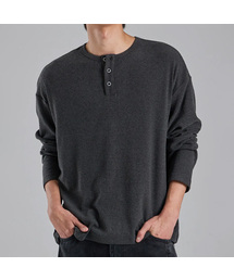 BUTTON SEOUL（ボタンソウル）の「エココージー ヘンリーネックニットTシャツ（ダークグレー）（Tシャツ/カットソー）」