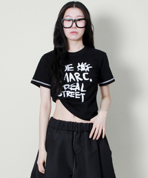 ロゴステッチ配色セミクロップ半袖Tシャツブラック