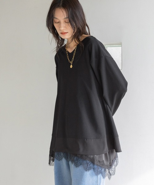 Elura(エルーラ)の「サマ見え異素材コンビプルオーバー/625549(Tシャツ/カットソー・レディース・オフホワイト/チャコールグレー/ブラック/ライトブルー/ダークブラウン・FREE)」の1枚目の写真
