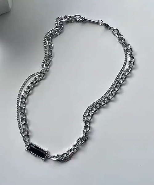 ブラックストーンシルバーチェーンネックレス/メンズ(T3)（ネックレス