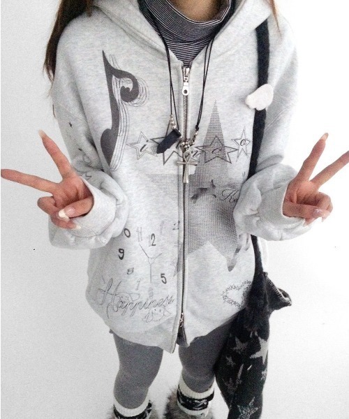 セール】春夏新作 Y2Kプリントダブルジップ裏起毛アウター / 星×音符