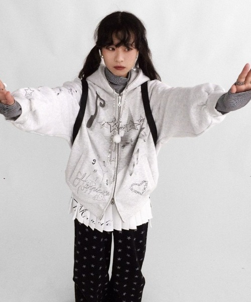 セール】春夏新作 Y2Kプリントダブルジップ裏起毛アウター / 星×音符