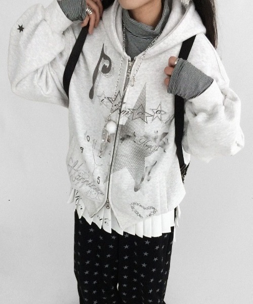 セール】春夏新作 Y2Kプリントダブルジップ裏起毛アウター / 星×音符