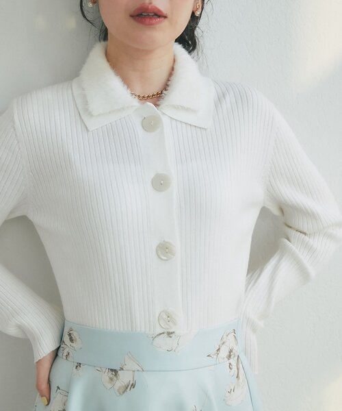 La boutique BonBon（ラブティックボンボン）の「【今すぐ届く！】シャギー衿リブニットカーディガン（カーディガン/ボレロ・レディース・ネイビー/サックスブルー/グレー/オフホワイト・FREE）」の3枚目の写真