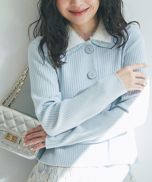 La boutique BonBon（ラブティックボンボン）の「【今すぐ届く！】シャギー衿リブニットカーディガン（カーディガン/ボレロ・レディース・ネイビー/サックスブルー/グレー/オフホワイト・FREE）」の2枚目の写真