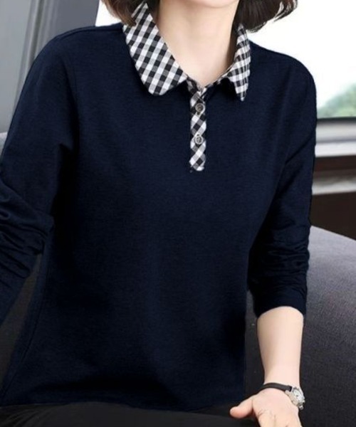SallyLunn(サリーラン)の「襟ギンガムチェックポロロンT(その他トップス・レディース・スミクロ/グレー/ネイビー・MEDIUM/LARGE)」の10枚目の写真