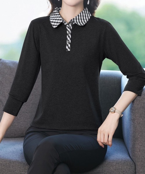 SallyLunn(サリーラン)の「襟ギンガムチェックポロロンT(その他トップス・レディース・スミクロ/グレー/ネイビー・MEDIUM/LARGE)」の4枚目の写真