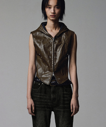 NOT4NERD（ノットフォーナード）の「W アイレット レザー フード ベスト - ブラウン（ライダースジャケット）」