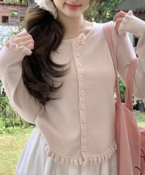 Mejoul（メジュール）の「【2026春夏新作】フラワーモチーフコンパクトフリルニットトップス（ニット/セーター・レディース・ライトグリーン/ホワイト/ピンク/イエロー・F）」の4枚目の写真