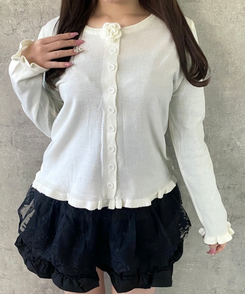 Mejoul（メジュール）の「【2026春夏新作】フラワーモチーフコンパクトフリルニットトップス（ニット/セーター・レディース・ライトグリーン/ホワイト/ピンク/イエロー・F）」の15枚目の写真