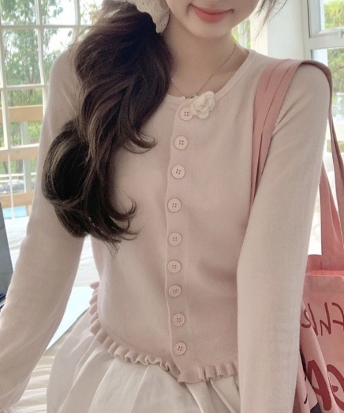 Mejoul（メジュール）の「【2026春夏新作】フラワーモチーフコンパクトフリルニットトップス（ニット/セーター・レディース・ライトグリーン/ホワイト/ピンク/イエロー・F）」の8枚目の写真