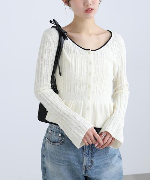 FREE'S MART（フリーズマート）の「◆地柄短丈ペプラムニット（ニット/セーター・レディース・ネイビー/イエロー/ホワイト・FREE）」の5枚目の写真