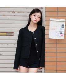Classic Button Crop Tweed Jacket [Black]