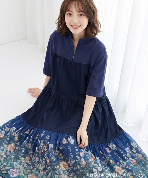 iS ScoLar（イズスカラー）の「561234：ジャージ風グラデーション裾花チュールフレアワンピース（ワンピース・レディース・ネイビー/ブラック・M）」の3枚目の写真