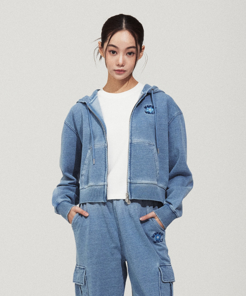 [26SS] Womens denim wash crop hood джемпер blue