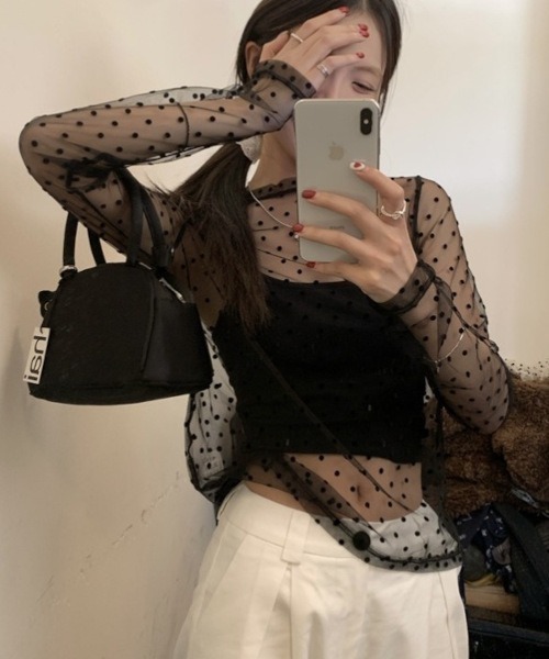 MASHIRO(マシロ)の「【MASHIRO】ドットシアーカットオフカットソー 長袖 Y2K(MA/EK151)(Tシャツ/カットソー・レディース・ホワイト/ブラック・FREE)」の3枚目の写真