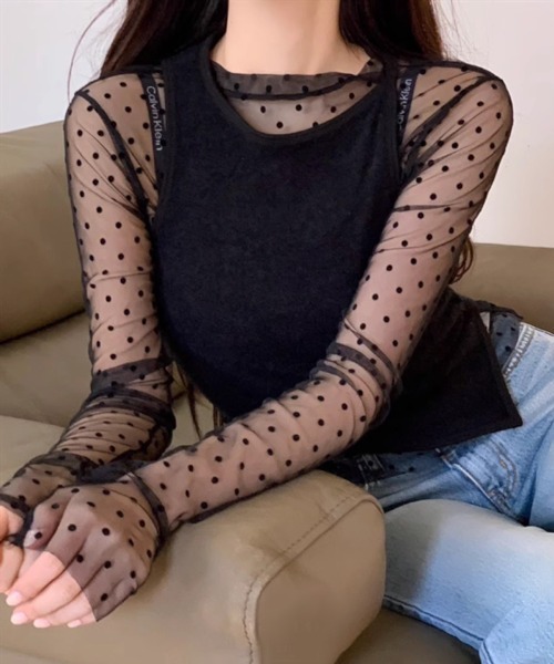 MASHIRO(マシロ)の「【MASHIRO】ドットシアーカットオフカットソー 長袖 Y2K(MA/EK151)(Tシャツ/カットソー・レディース・ホワイト/ブラック・FREE)」の16枚目の写真