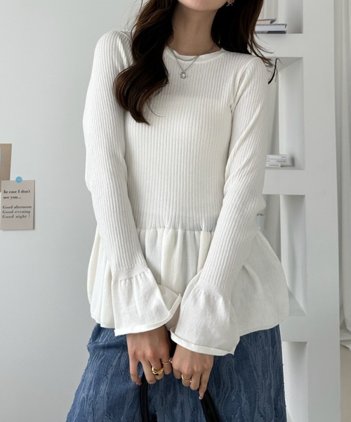 umune(ウムネ)の「サマーニット 長袖 リブニット ペプラム フレア フリル 切り替え クルーネック フェミニン きれいめ トップス 秋冬(ニット/セーター・レディース・ブラウン/オフホワイト/ブラック・FREE)」の9枚目の写真