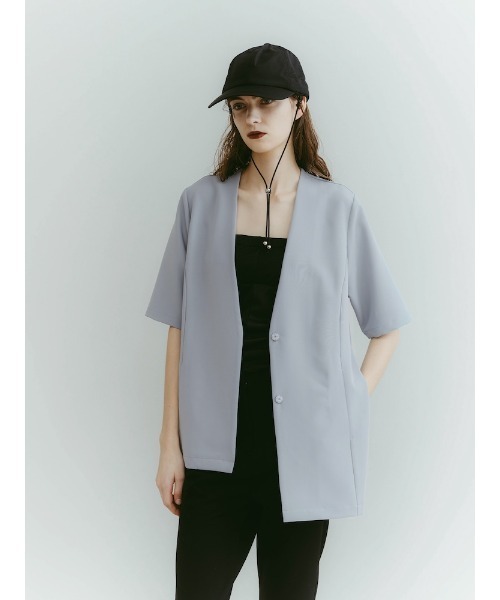 ILANIS(イラニス)の「Ease Layered Jacket(ノーカラージャケット・レディース・ライトブルー/ブラック/オフホワイト・FREE)」の21枚目の写真